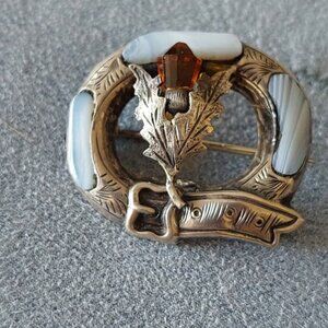 antique '20s Scottish buckle and thistle brooch w citrine and agate